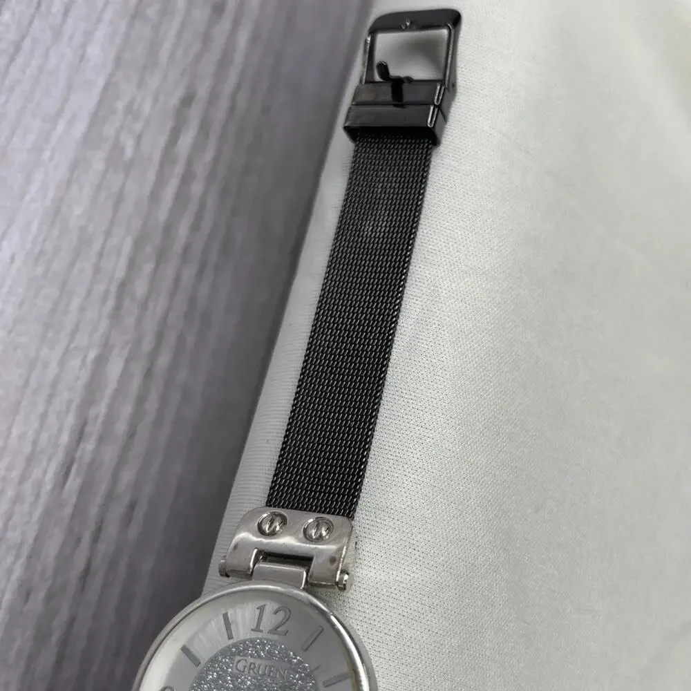 Gruen Wrist Watch Silver Dial Black Mesh Band Glitter 90s Womens Classic Dress